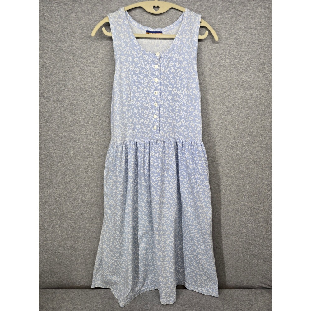 Bryn Connelly Vintage Floral Midi Dress Blue White Button Front Pockets